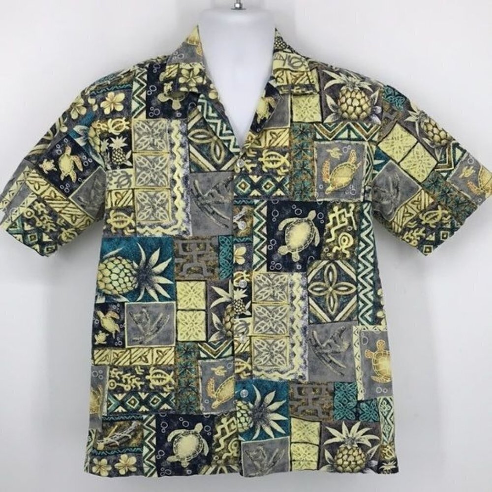 Hawaiian Vintage Sea Turtle Print Button Down Short Sleeve Shirt Sz M